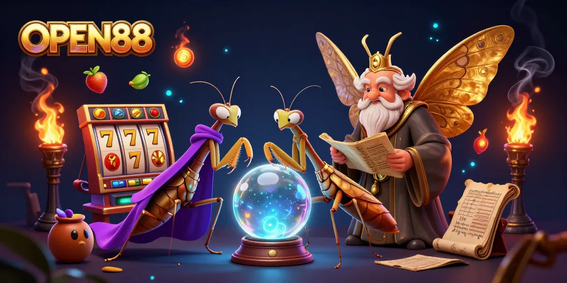 Engage with OPEN88's game universe featuring thrilling slot reels, colorful jackpot symbols, and mystical elements.