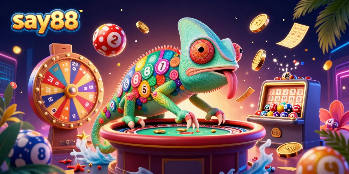 Experience vibrant gaming fun at say88 with a colorful chameleon betting on jackpots and lottery balls.