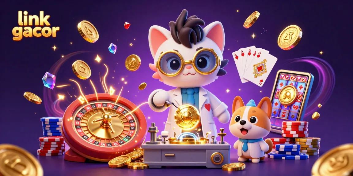 Engaging scene depicting link gacor with a mad scientist cat and loyal dog in a casino lab creating winning strategies.