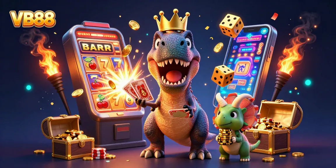 Engage with VB88 in a vibrant 3D casino scene featuring a T-Rex, pterodactyl, and triceratops amidst a jackpot explosion of coins.