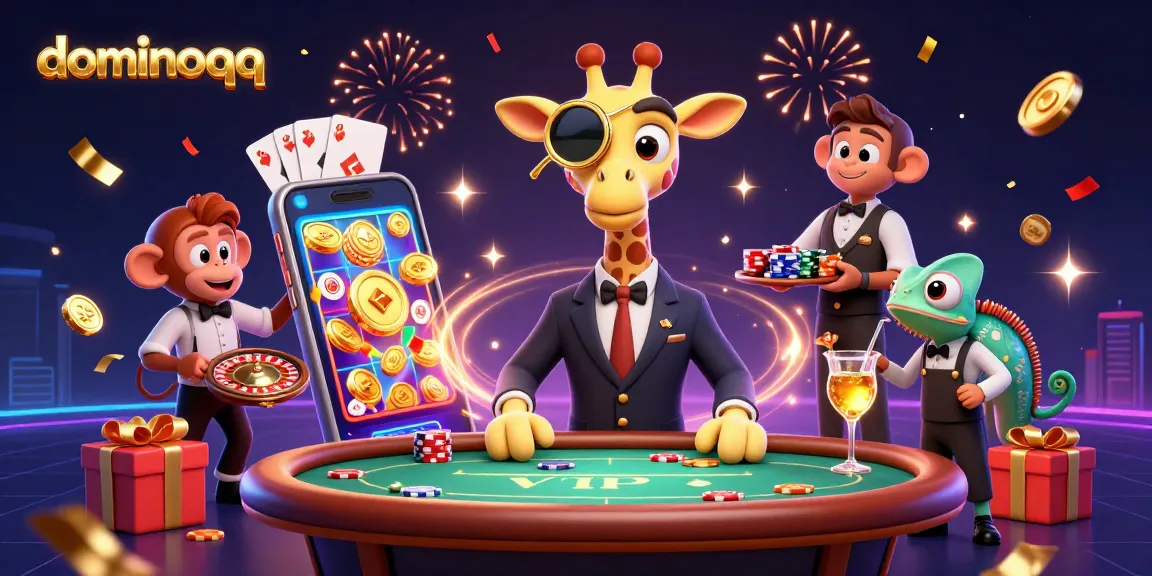 Play dominoqq at an exciting VIP poker table with high-roller characters surrounded by action.