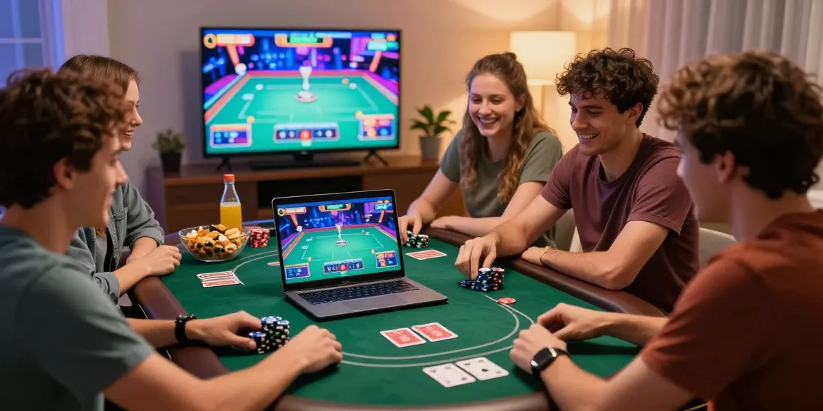 Friends enjoying online poker gaming session with Daftar Domino8 in vibrant atmosphere