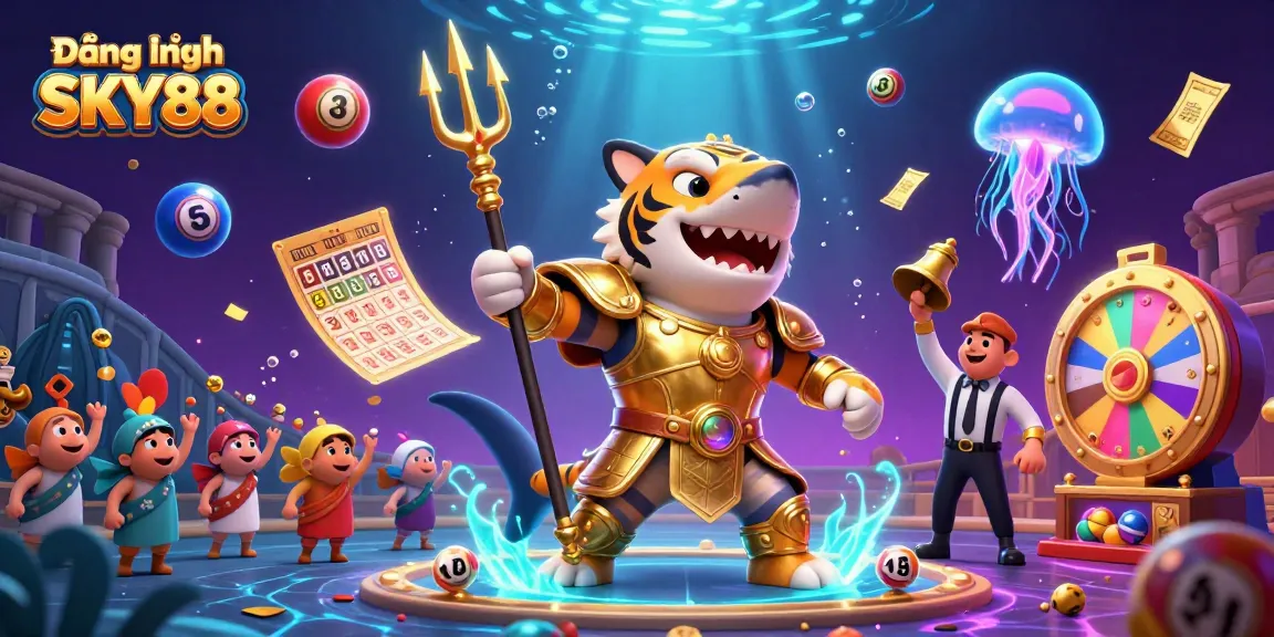 Experience the thrilling action of Đăng nhập SKY88 with vibrant casino elements, dynamic lottery balls, and immersive underwater scenes.