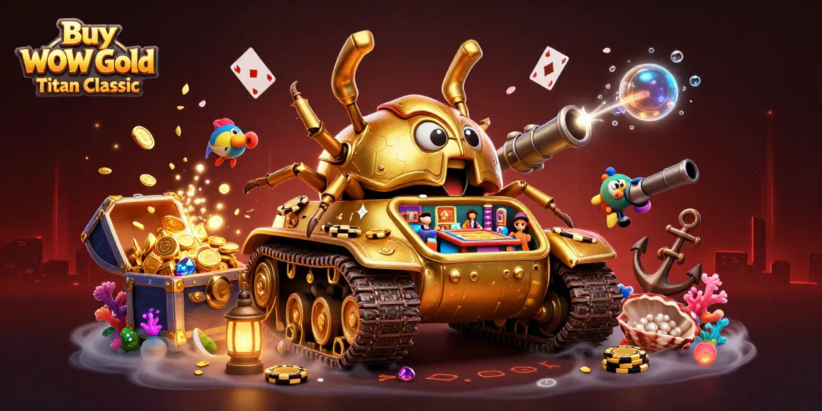 Buy WoW Gold Titan Classic with a captivating illustration featuring a golden beetle tank and casino elements.