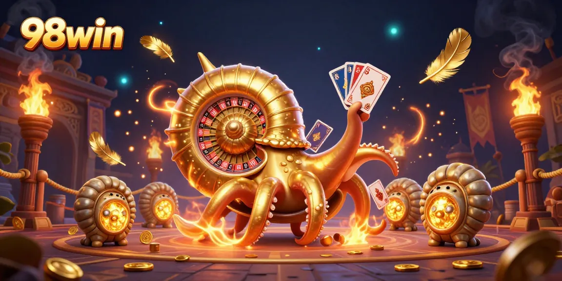 Experience the thrill of winning at 98win with a dazzling 3D casino scene featuring cards, golden elements, and vibrant effects.