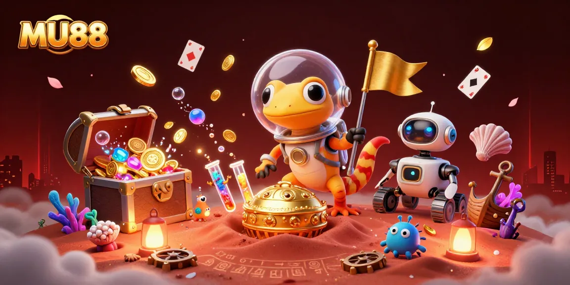 Experience thrilling gaming at MU88 with a Martian gecko discovering a golden casino treasure.