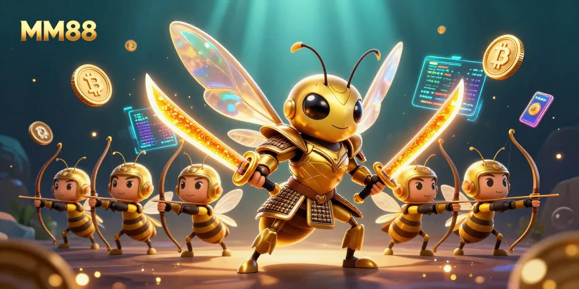 Engage with MM88 in an immersive 3D casino illustration showcasing dynamic characters and crypto elements.