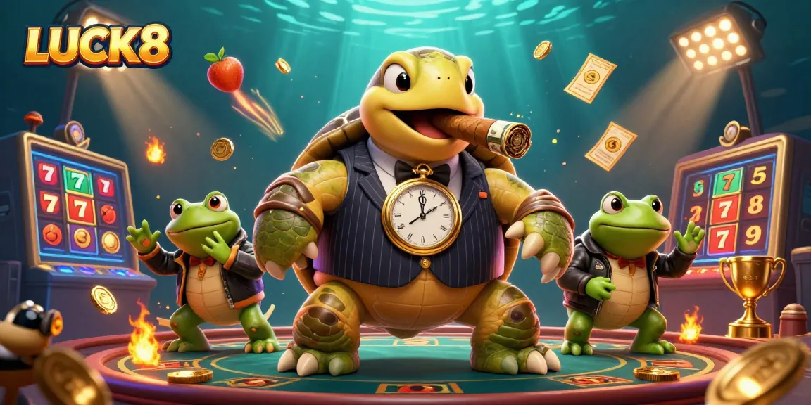 LUCK8 showcases vibrant casino action with a unique illustrated scene featuring a snapping turtle and bullfrog enforcers.