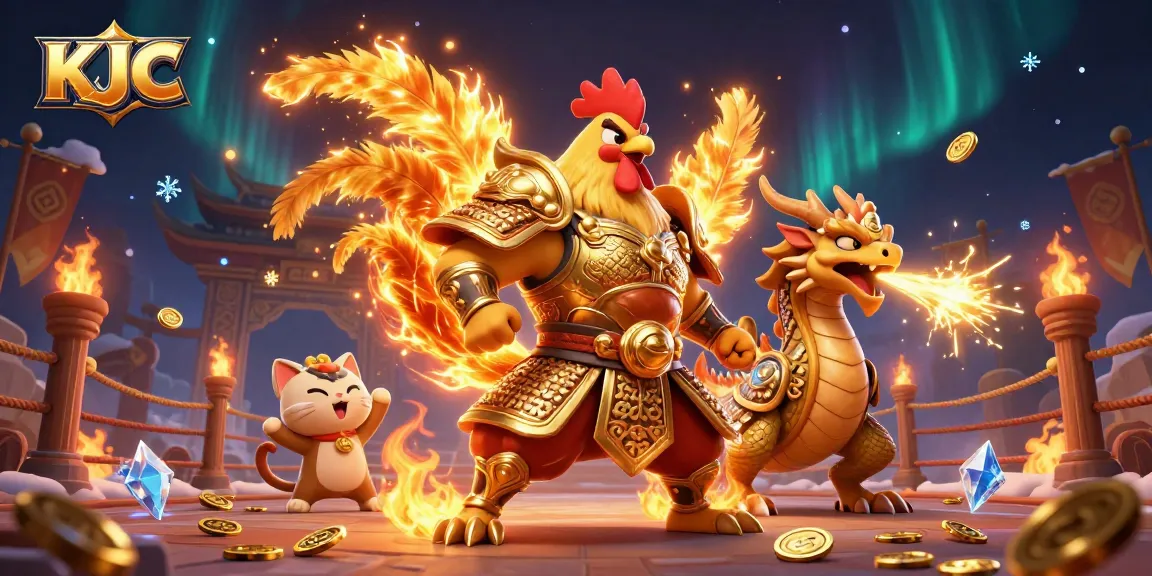 KJC presents a dynamic illustration featuring a powerful rooster warrior and fierce dragon hatchling in a vibrant online casino setting.