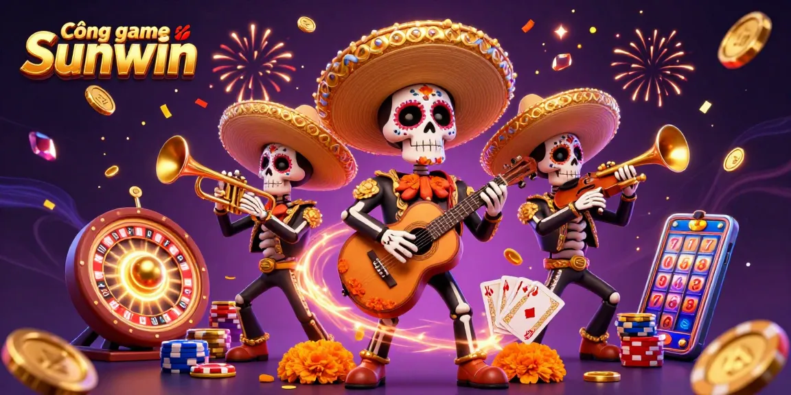 Cổng game Sunwin offers vibrant casino excitement with a lively Day of the Dead mariachi band surrounded by dynamic game elements.