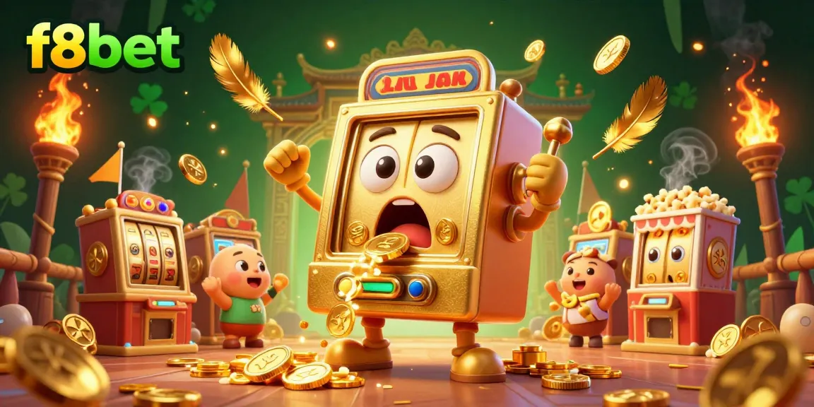 Experience f8bet's thrilling jackpot moment with vibrant characters celebrating the win amidst a dynamic casino atmosphere.