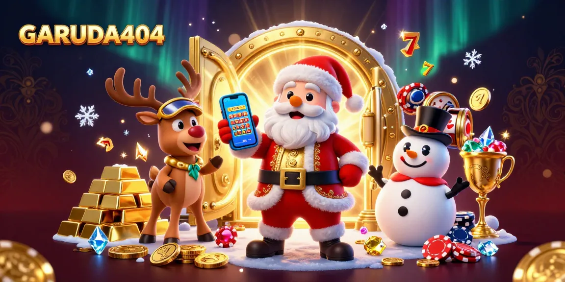 Play slots and win big at GARUDA404 with a festive 3D casino scene featuring Santa Claus and friends.