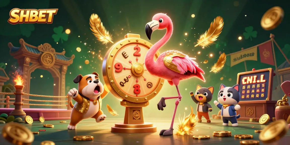 SHBET showcases a vibrant casino scene with a flamingo host, bulldog contestant, and exciting prizes.