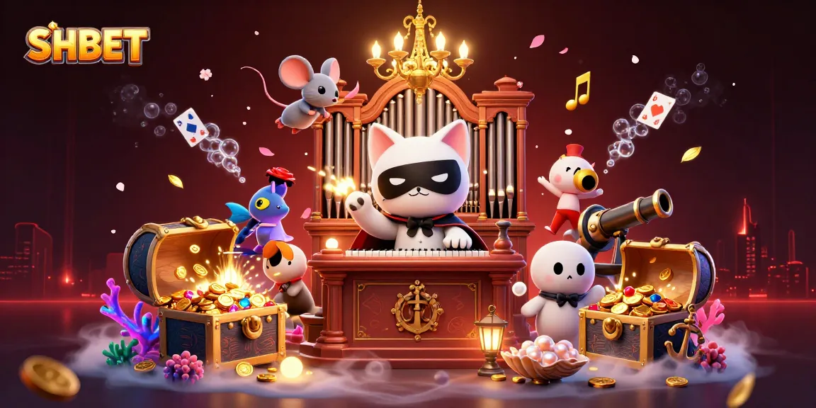 Experience the excitement at SHBET with a stunning casino scene featuring a phantom cat and gleaming treasures.