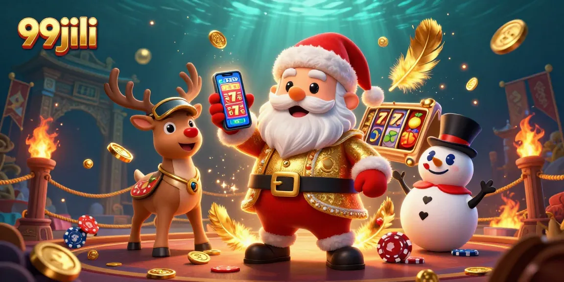 Engage with 99jili's exciting slots surrounded by a festive casino scene featuring Santa, his reindeer, and a snowman.