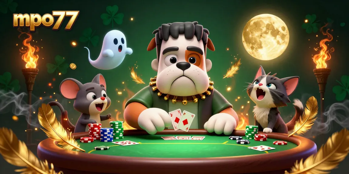 Engage in thrilling poker action with mpo777's vibrant 3D scene featuring unique characters.