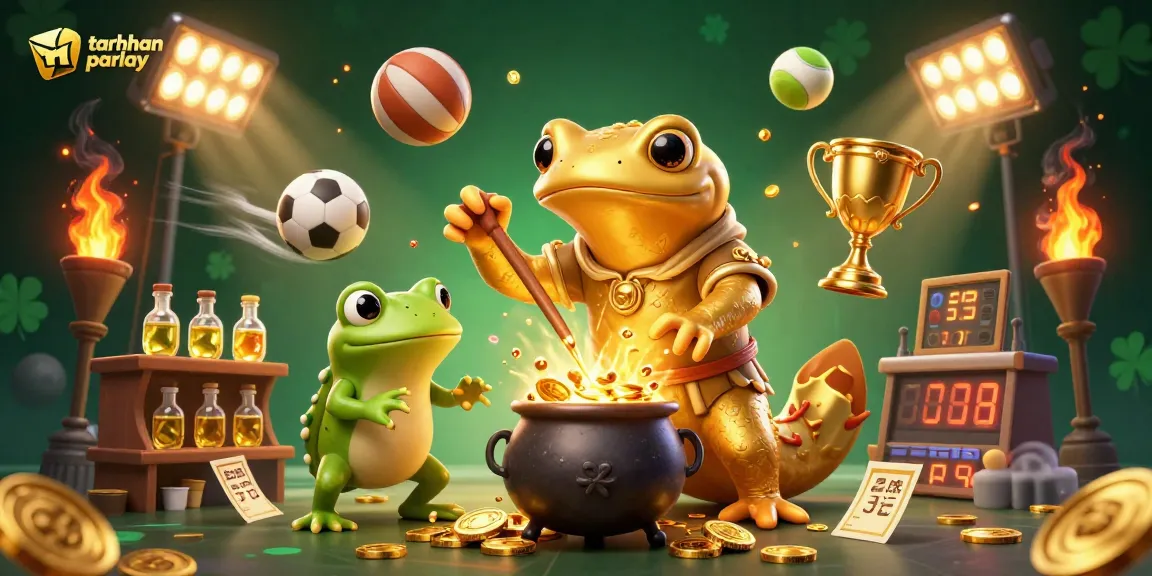 Gambarkan taruhan parlay yang dinamis dengan karakter alkemis dan olahraga dalam ilustrasi 3D.