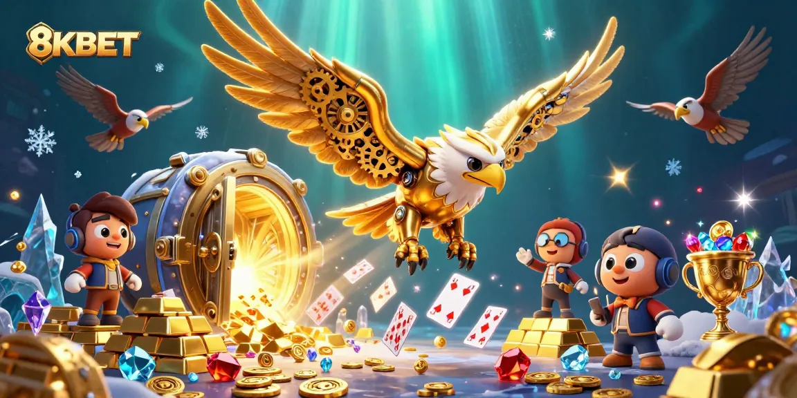 Engage with the thrill of 8KBET casino action featuring vibrant holographic cards and a majestic golden eagle.
