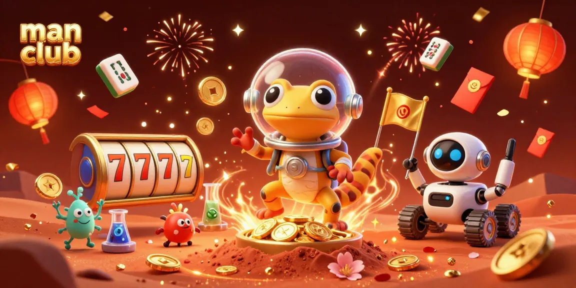 Experience the excitement at "man club" casino with spinning slot reels and vibrant decorations