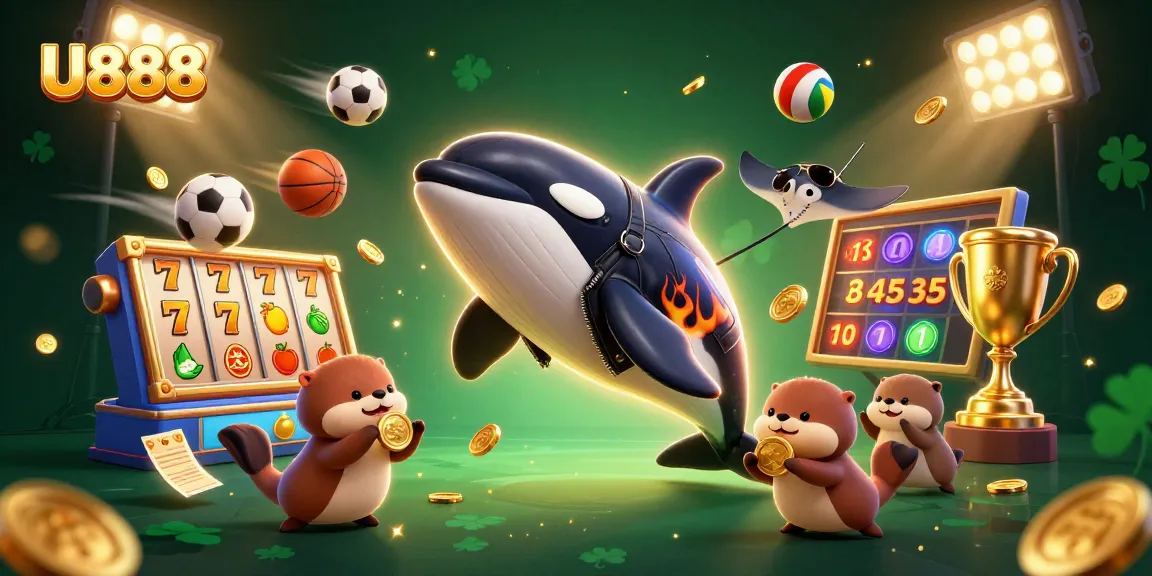 U888 casino promotion featuring a dynamic 3D orca, stingray, and otters holding coins in a vibrant gaming scene.