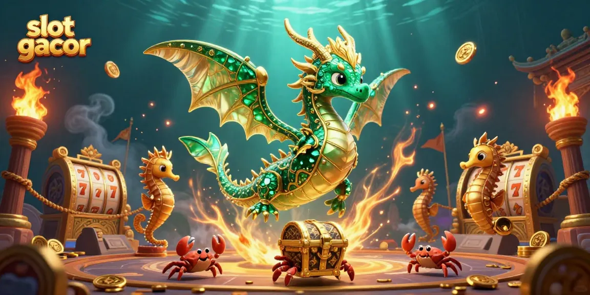 Play slot gacor with exciting 3D gaming elements featuring a dragon, treasure chest, and vibrant casino symbols.