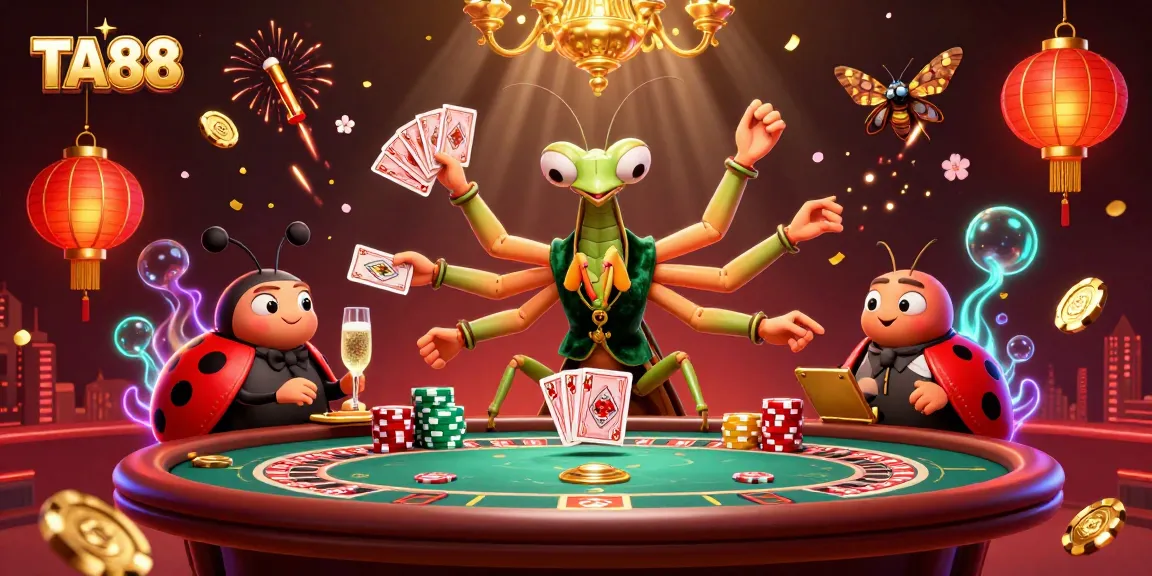 Engage with TA88 as a vibrant cartoon scene featuring a giant praying mantis card sharp and ladybug pit boss among casino elements.