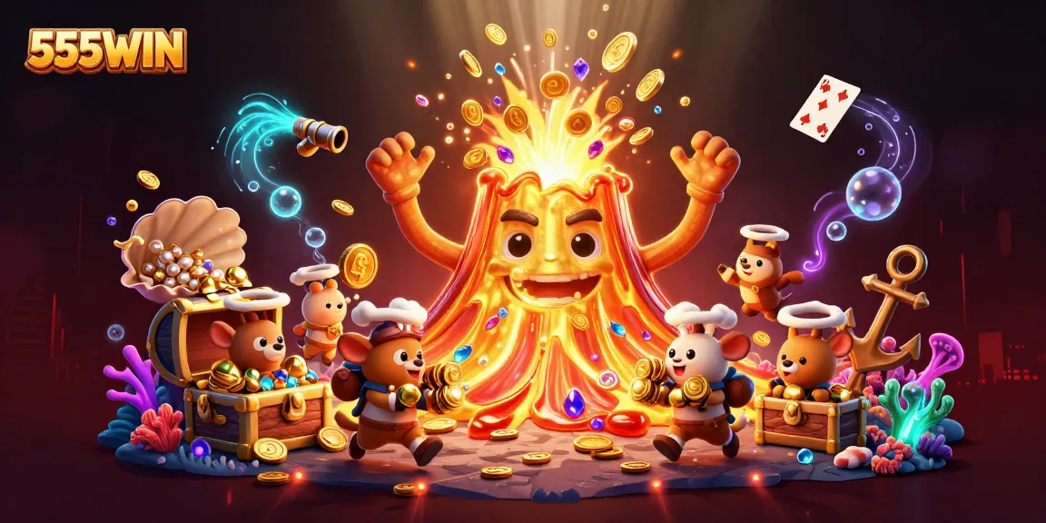 Experience the thrill of 555WIN as golden treasures erupt and playful characters gather in adventure!