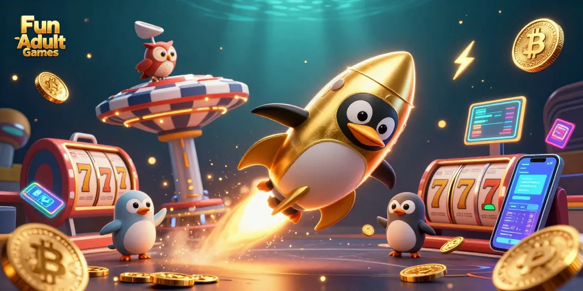 Experience Fun Adult Games with a dynamic casino adventure featuring a golden penguin amidst vibrant symbols.