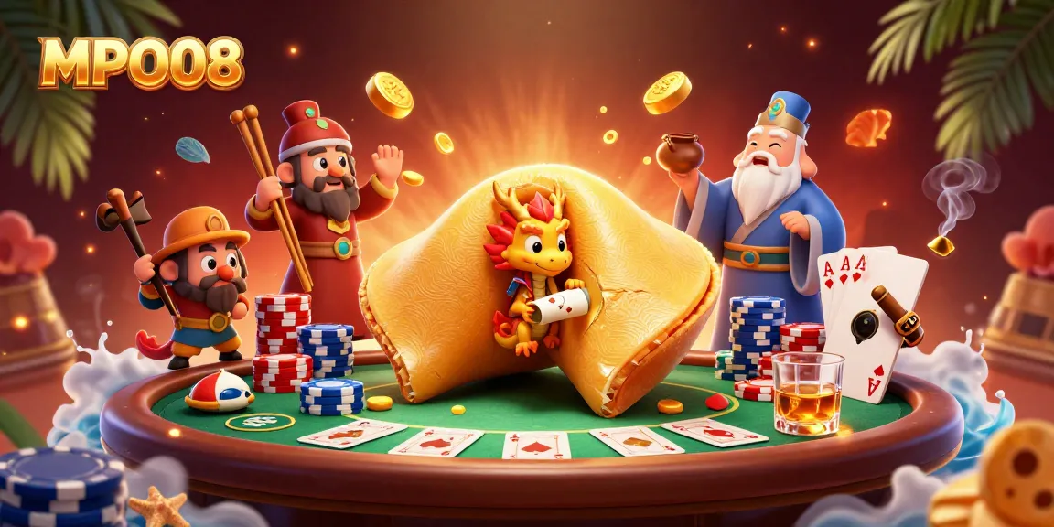 MPO08 players are engaging in dynamic gameplay with a golden fortune cookie and wise dragon amidst poker action.