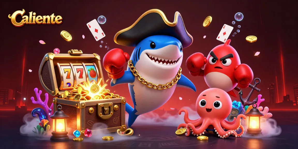 Caliente pirates celebrate casino wins with gold coins and vibrant slot reels in a colorful scene.