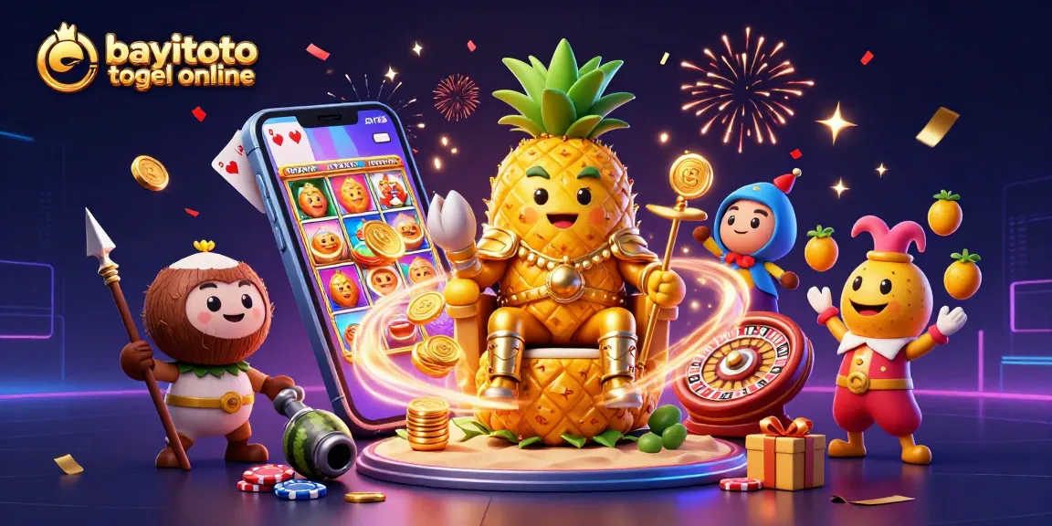 Experience the excitement of bayitoto togel online with colorful slot games amidst vibrant 3D characters and dynamic casino elements.