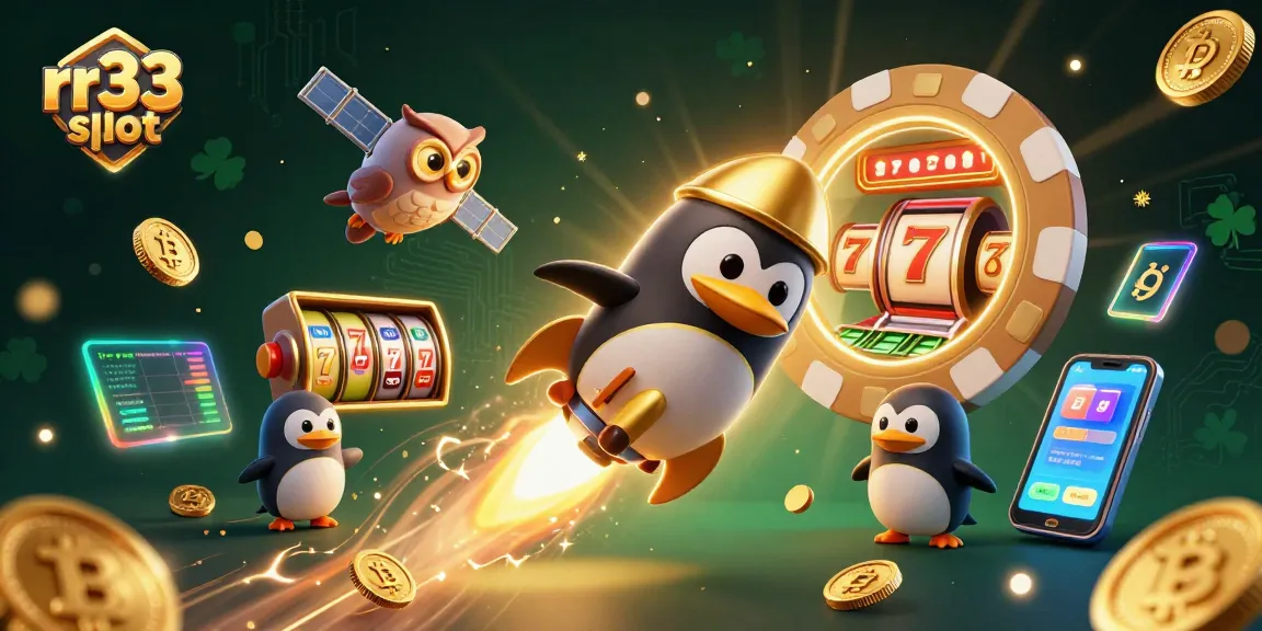 Experience the excitement of rr33 slot with a golden penguin and vibrant casino elements in action.