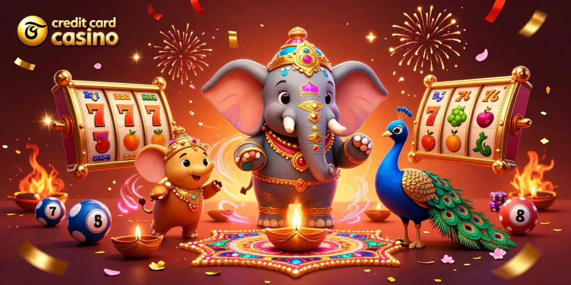 Experience thrilling gameplay at a credit card casino with dynamic slot reels, vibrant 3D characters, and festive decorations.