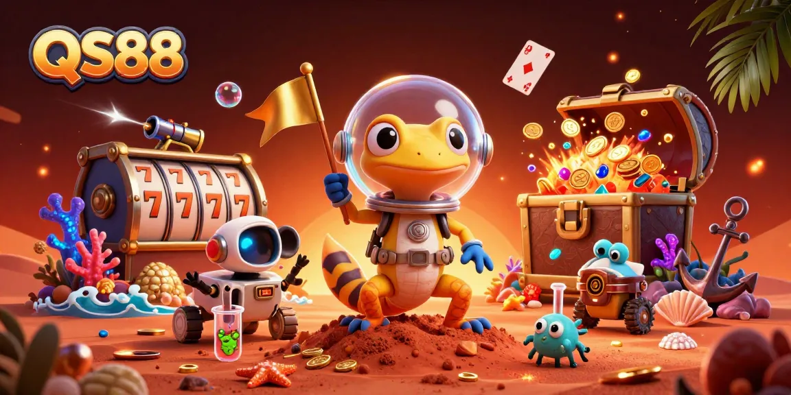 Experience the vibrant QS88 casino scene with a Martian gecko discovering a golden casino and exciting game elements.