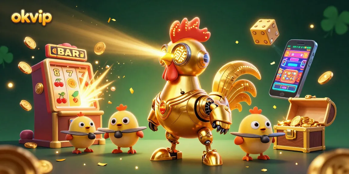 okvip showcases a dynamic casino scene with a golden rooster robot and baby chick drones amidst exciting slot machine elements.