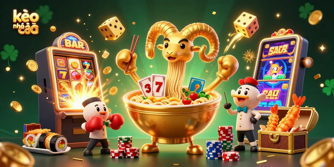 Kèo nhà cái illustration showcasing vibrant casino elements with a playful giant ramen bowl, adding excitement to online betting.