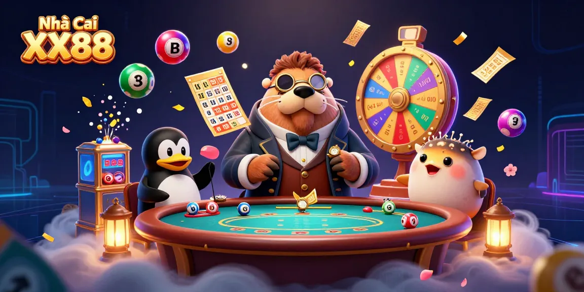 Engage with Nhà Cái XX88 in an exciting underwater gambling scene featuring a walrus, penguin dealer, and bluffing pufferfish.