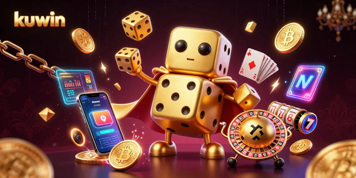Kuwin's dynamic casino scene showcases a golden dice golem and crypto coins in 3D action.