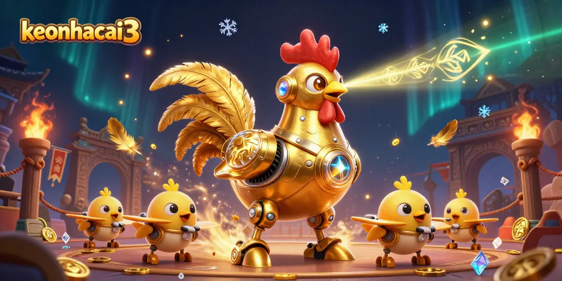 Experience the vibrant action of keonhacai3 with golden rooster robots and baby chick drones in a dynamic scene!