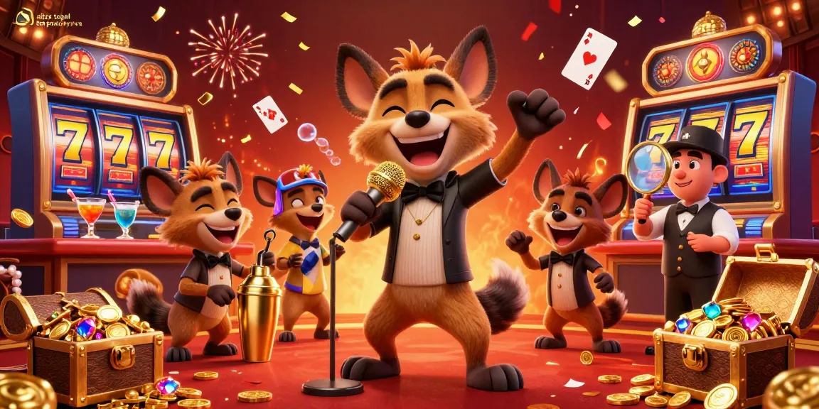 Situs togel terpercaya offers a lively casino experience with a 3D cartoon hyena comedian and exciting slot elements.