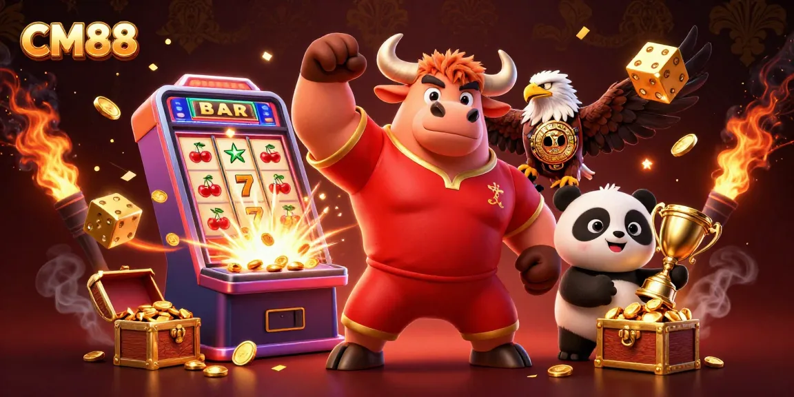 Experience CM88 excitement with a big jackpot and festive characters in a thrilling casino scene.