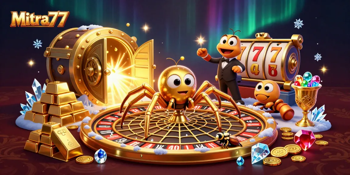 Mitra77 menampilkan ilustrasi 3D yang menarik dengan laba-laba emas memutar roda roulette, simbol slot, dan banyak harta di sekitarnya.