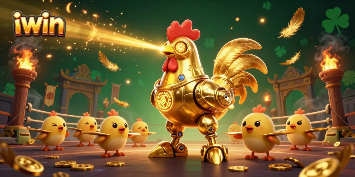 Experience iwin's thrilling casino adventure with a golden rooster robot and vibrant gaming elements.