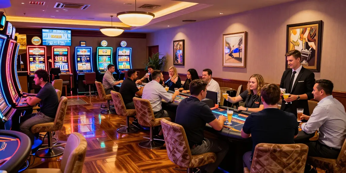 Spieler im luxuriösen Casino-Umfeld, das spannende Non Gamstop Casinos genießt, mit bunten Lichtern und freundlicher Atmosphäre.