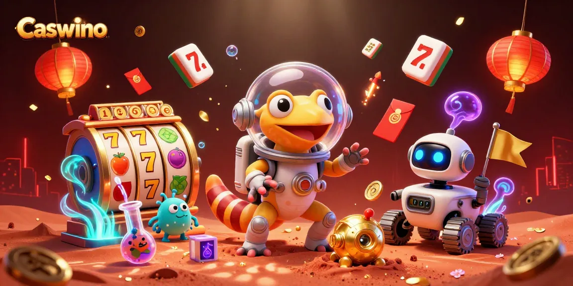 Experience Caswino's vibrant casino ambiance with a Martian gecko discovering jackpots and games.