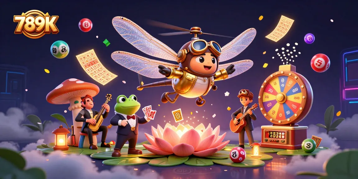 Engage with 789K at a lively casino scene featuring a dragonfly pilot and frog croupier amidst vibrant lottery elements.