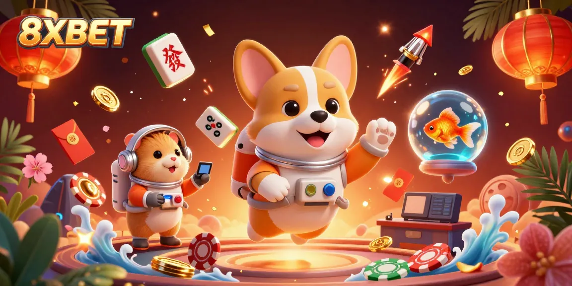 8XBET brings excitement to online gambling with dynamic gaming elements in a vibrant 3D illustration.
