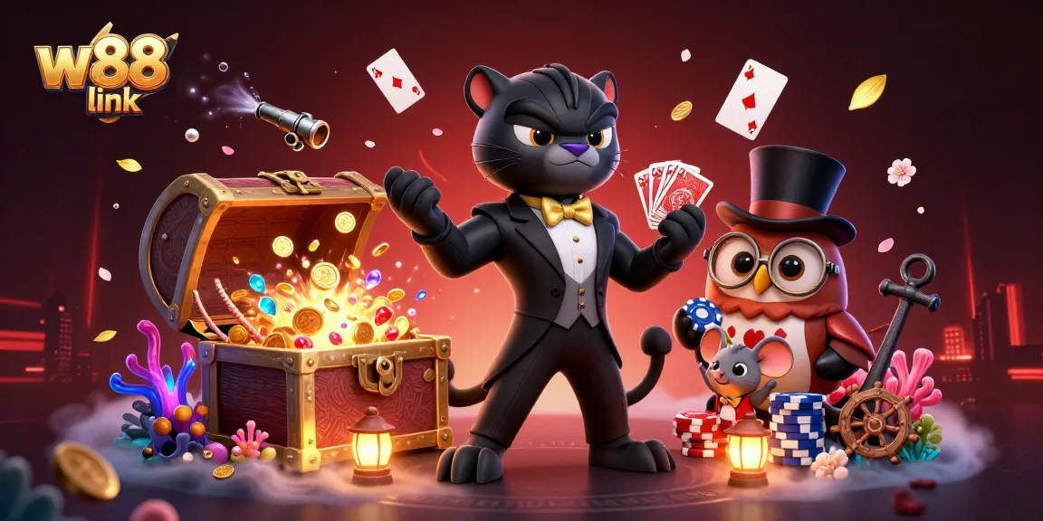 Players engage with w88 link through a vibrant 3D illustration of gambling excitement, featuring interactive casino characters.