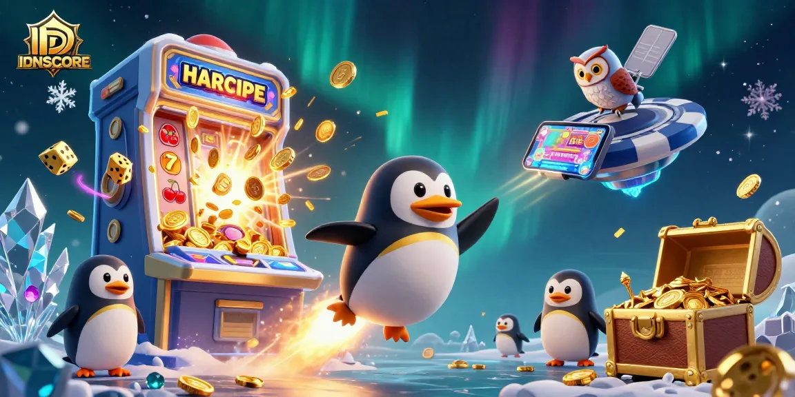 IDNSCORE promotes an exciting gaming experience with a golden penguin and a poker chip casino backdrop.