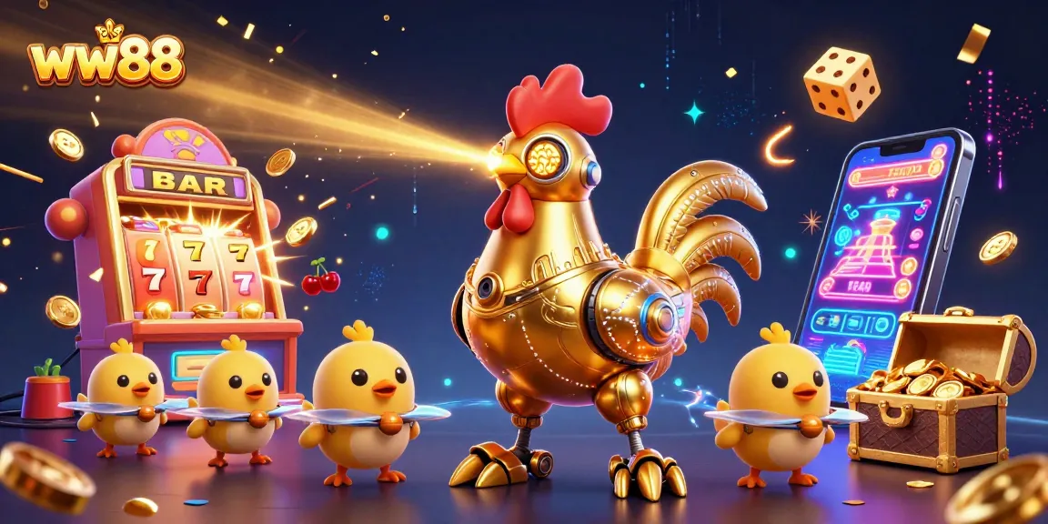 Experience the thrilling jackpots at ww88 with golden rooster robot and casino symbols bursting around.
